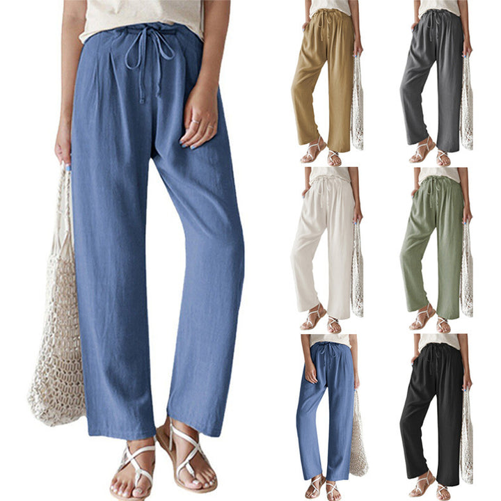 Damen nan lässige Leinenhose mit weitem Bein, elastischem Bund und Seitentaschen Drune