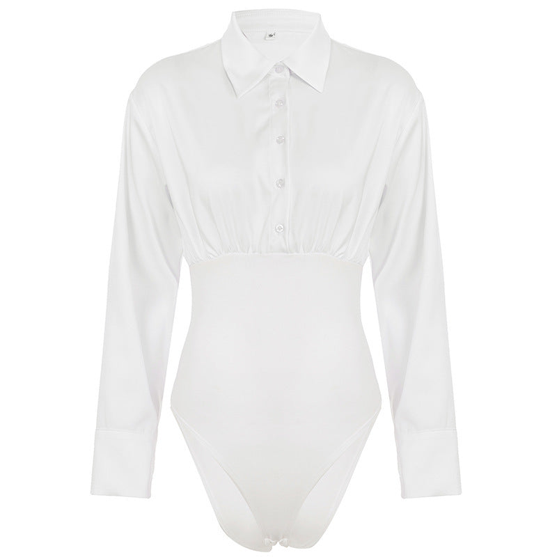 Damen eleganter Bodysuit mit feinem Kragen und Knopfdetails Drune