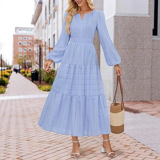 Damen Maxikleid mit voluminösen Ärmeln und schwingendem Saum Drune