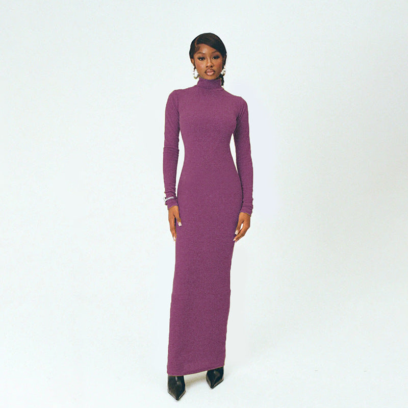 Damen Langarm Maxikleid mit elegantem Stehkragen und figurbetontem Schnitt Drune