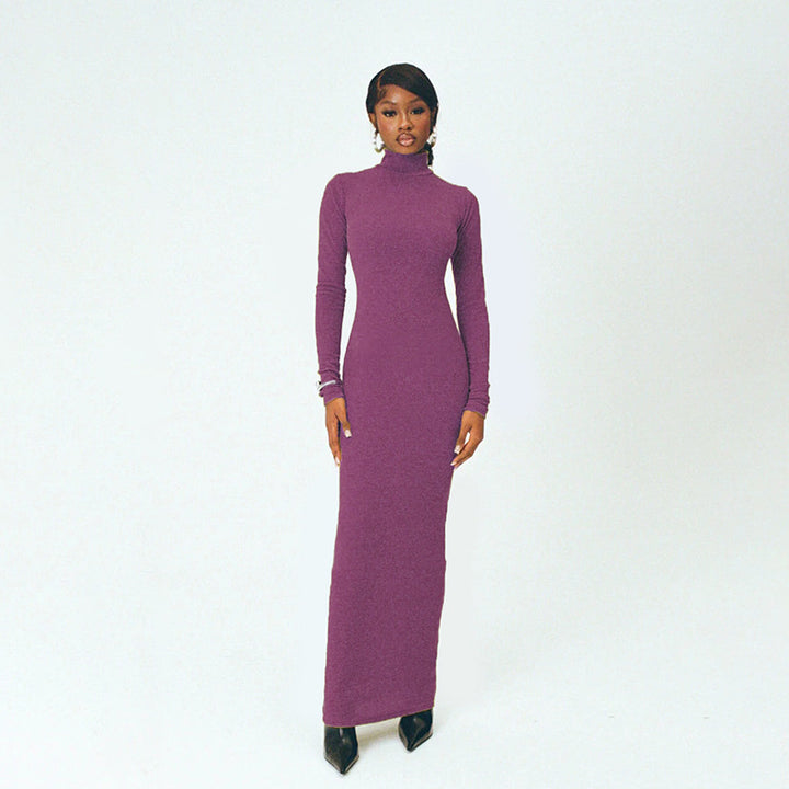 Damen Langarm Maxikleid mit elegantem Stehkragen und figurbetontem Schnitt Drune