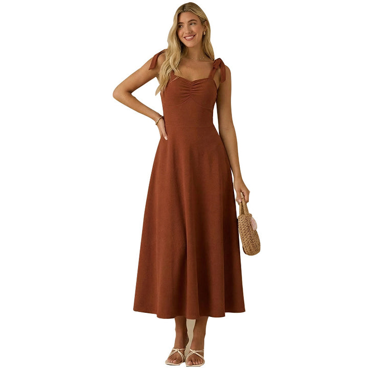 Damen Maxikleid mit niedlichen Schleifen-Trägern und gerafftem Oberteil Drune
