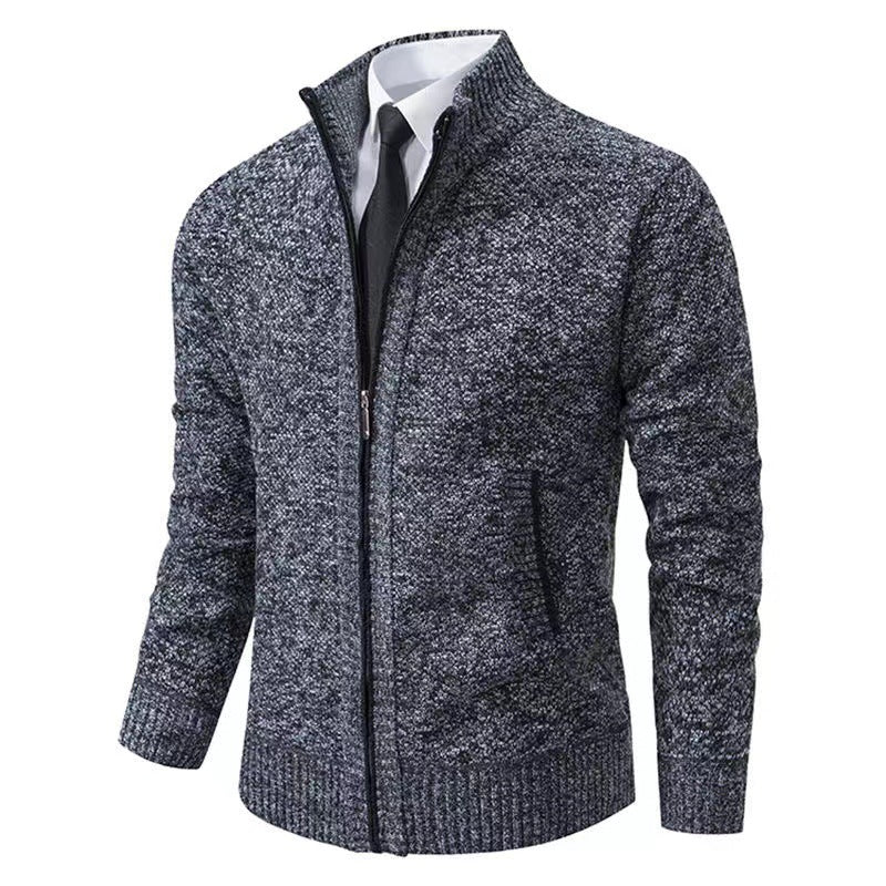 Herren nan melierte Strickzipjacke mit hohem Stehkragen, feiner Struktur und verdeckten Eingrifftaschen Drune