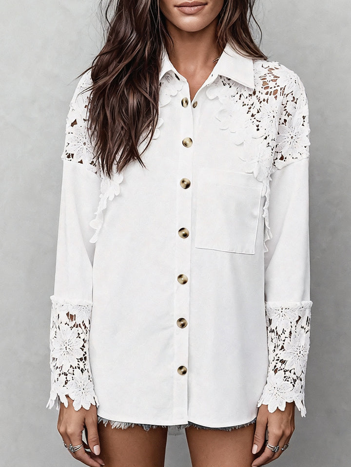 Damen Elegante Bluse mit floralen Spitzeinsätzen und Knopfdetails Drune