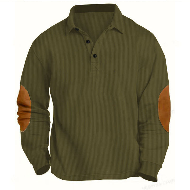 Herren nan legeres Langarm-Poloshirt mit Hemdkragen, kurzer Knopfleiste, feiner Struktur und Velours-Ellenbogenbesatz Drune