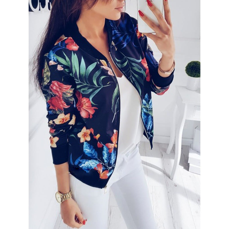 Damen Blumenmotiv Bomberjacke mit seitlichen Taschen und elastischen Bündchen Drune