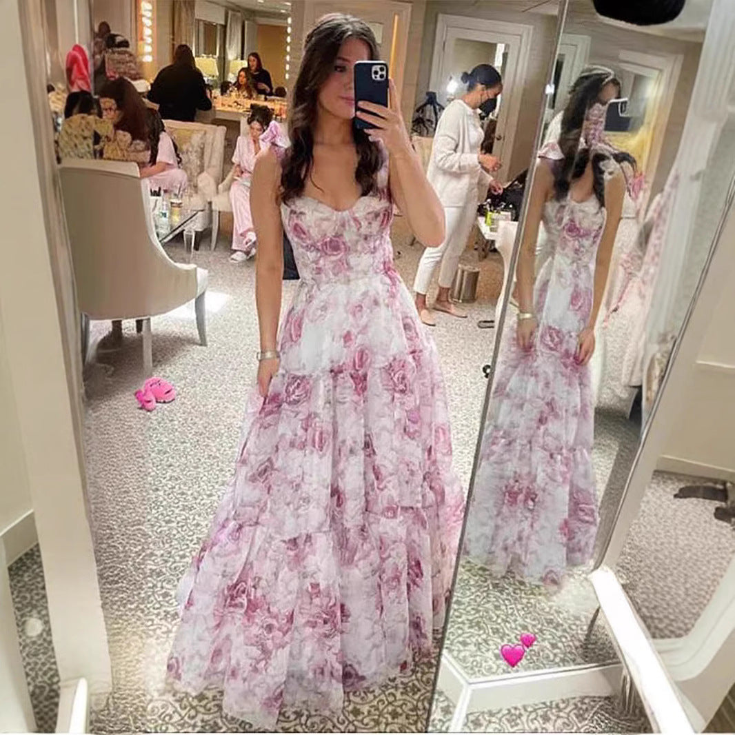Damen Elegantes Maxikleid mit floralen Details und Rüschenträgern Drune