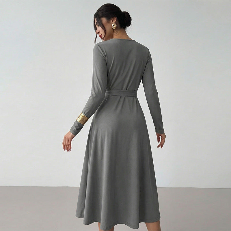 Damen elegantes Midikleid mit tailliertem Gürtel und langem Arm Drune
