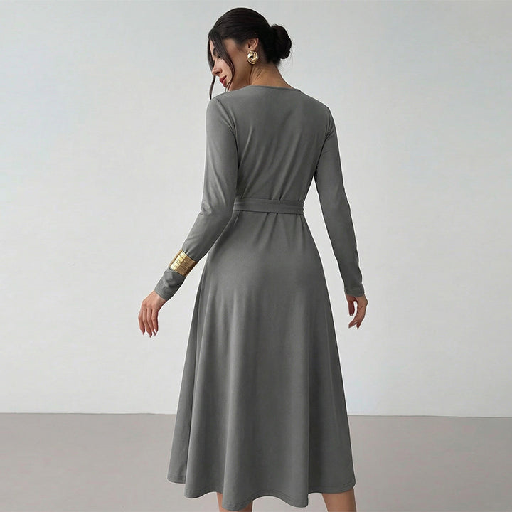 Damen elegantes Midikleid mit tailliertem Gürtel und langem Arm Drune