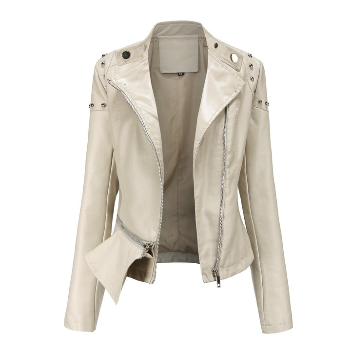 Damen nan asymmetrische Kunstleder-Bikerjacke mit Nietenapplikation und tailliertem Schößchen Drune