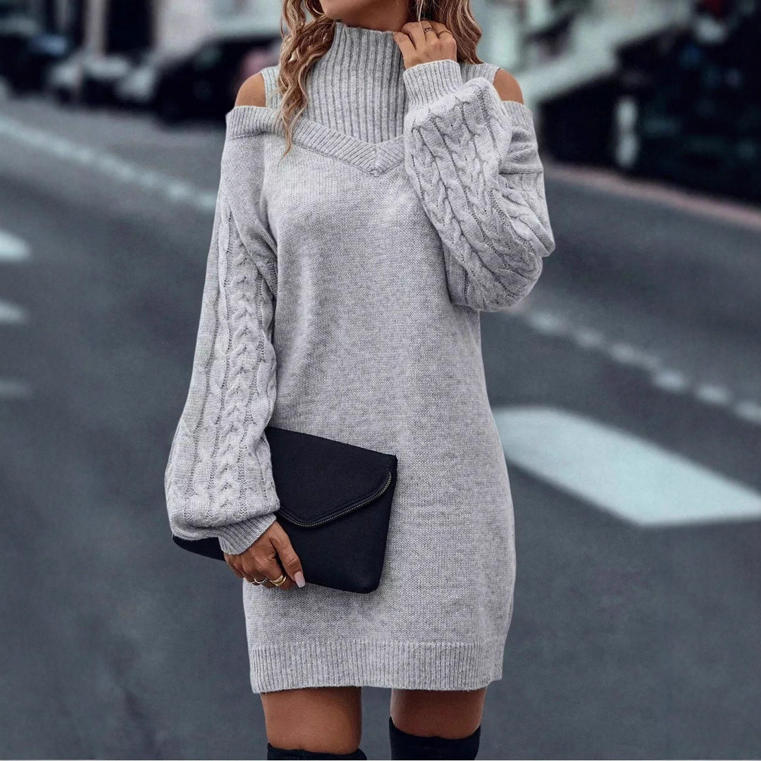 Damen Strickkleid mit asymmetrischem Off-Shoulder-Design und voluminösen Ärmeln Drune