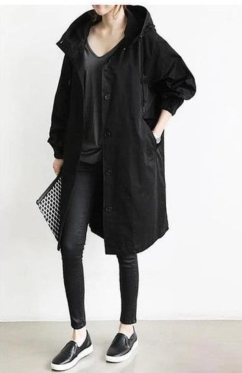 Damen nan leichter oversized Regenmantel mit Kapuze und verdeckter Knopfleiste Drune