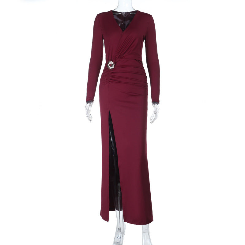 Damen elegantes langärmliges Abendkleid mit Raffung und hohem Schlitz Drune