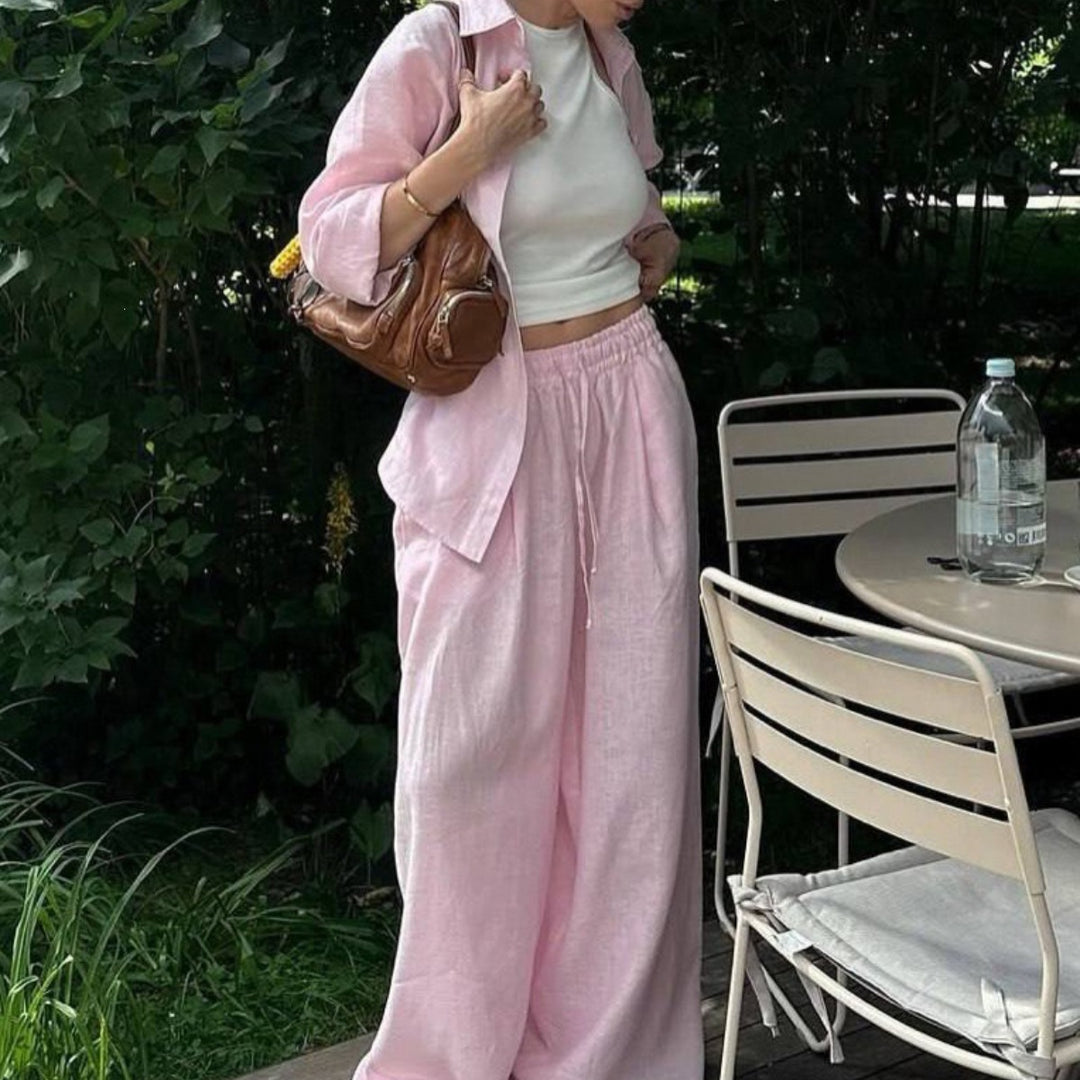 Damen nan luftiges Leinen-Loungeset mit Oversize-Hemd und weiter Bundhose mit Gummizug Drune