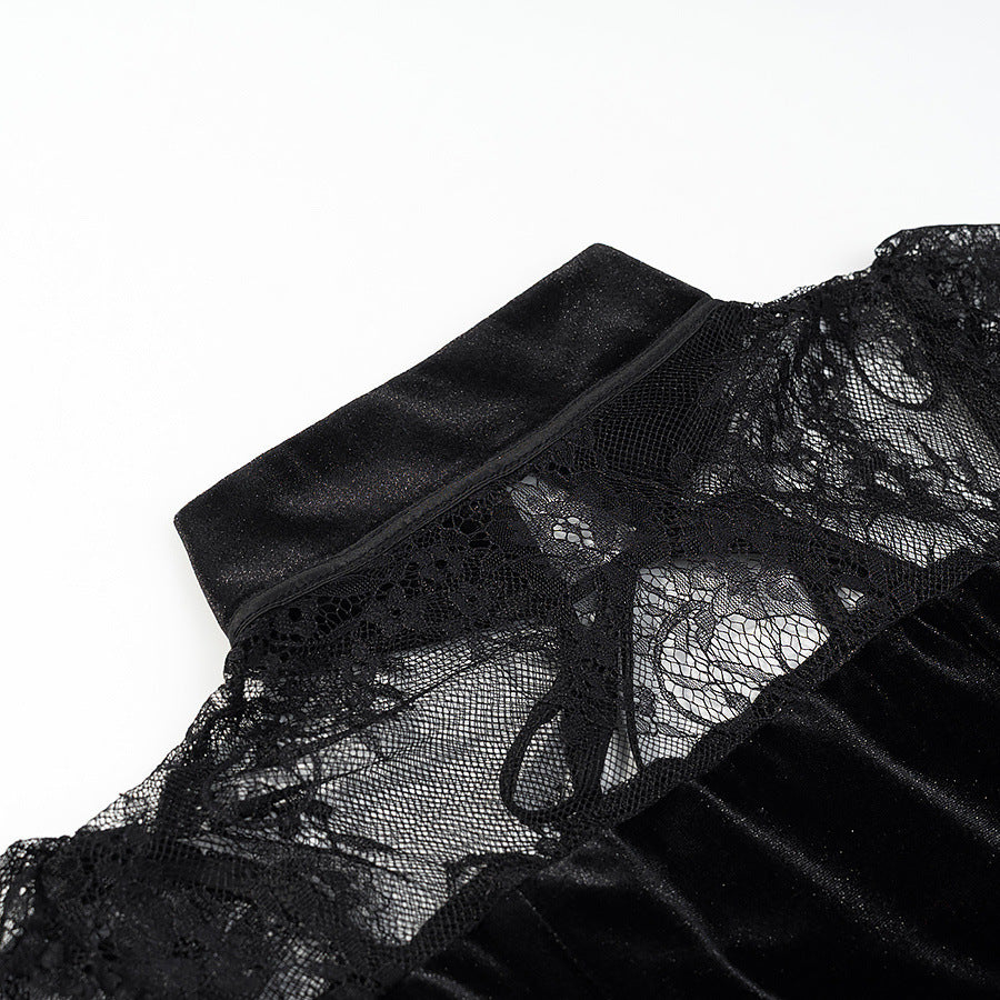 Damen Abendkleid mit transparenten Spitzenärmel und Rüschensaum Drune
