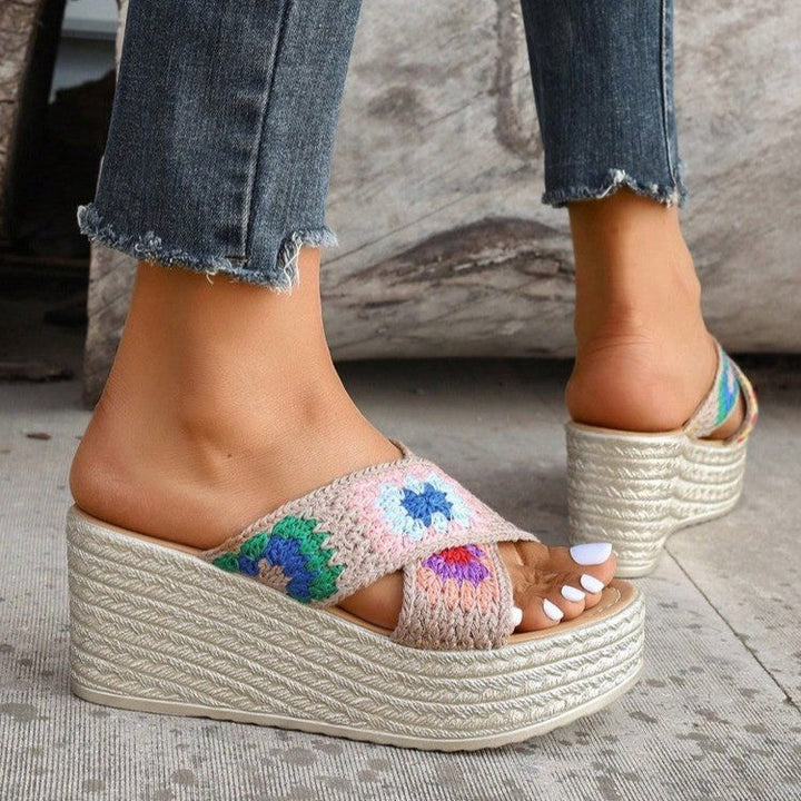 Damen Komfortable Keil-Sandalen mit buntem Häkeldesign Drune