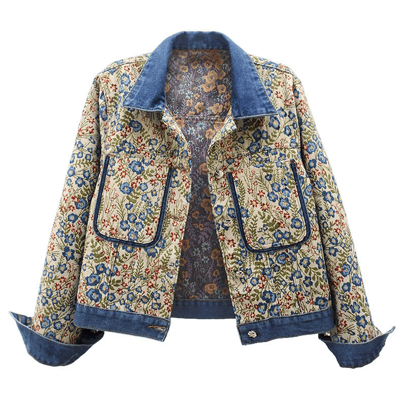 Damen Blumenmuster Denimjacke mit aufgesetzten Taschen und Kragen Drune