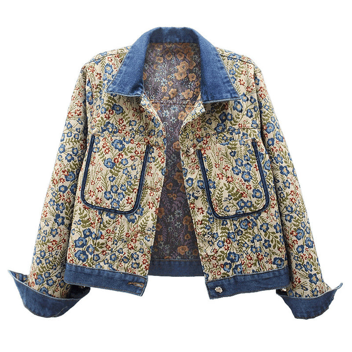 Damen Blumenmuster Denimjacke mit aufgesetzten Taschen und Kragen Drune