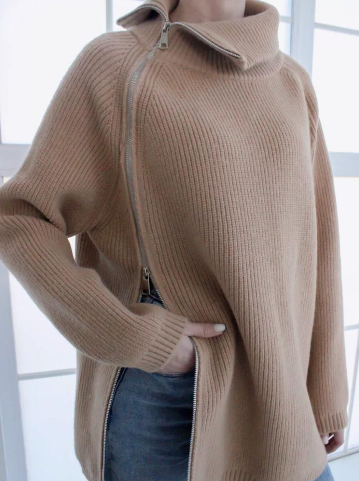 Drune | Pullover Sweater - Oversized Fit - Rippstrick - Asymmetrischer Reißverschluss - Großer Kragen