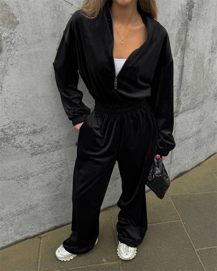 Damen Velours-Jumpsuit mit hohem Kragen und lockerer Passform Drune
