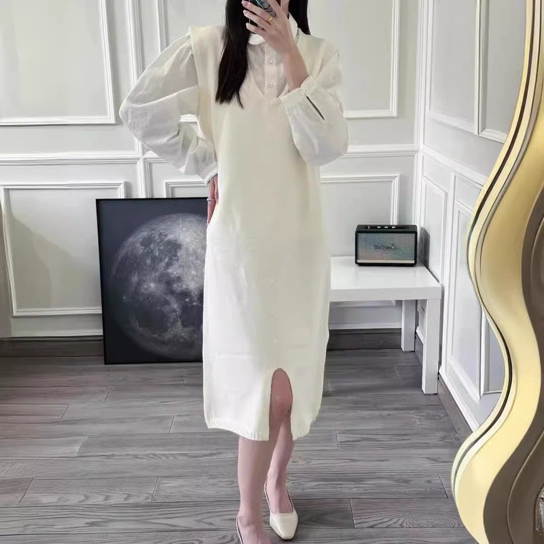Damen Knielanges Strickkleid mit Knopfleiste und V-Ausschnitt Drune
