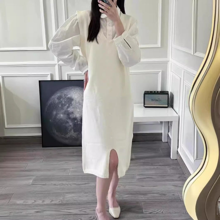Damen Knielanges Strickkleid mit Knopfleiste und V-Ausschnitt Drune