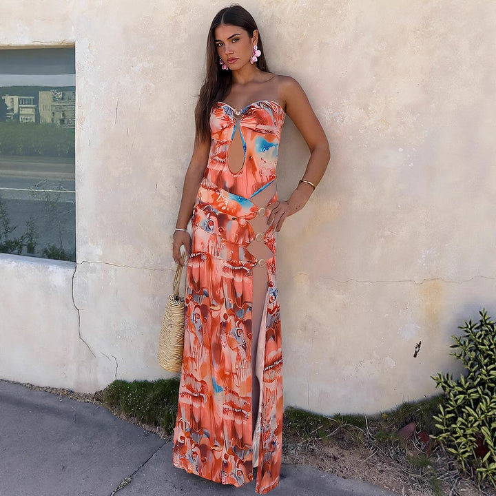 Damen Maxikleid mit raffinierten Cut-Outs und eleganten Riemen Drune
