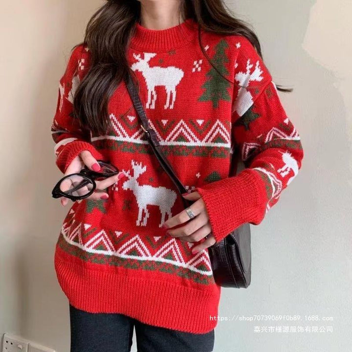 Damen Grobstrickpullover mit festlichem Rentier-Motiv und Rundhalsausschnitt Drune