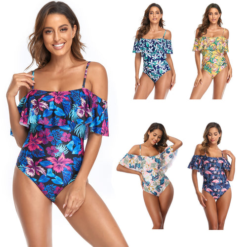 Damen Einteiliger Badeanzug mit Rüschendetails und floralem Muster Drune