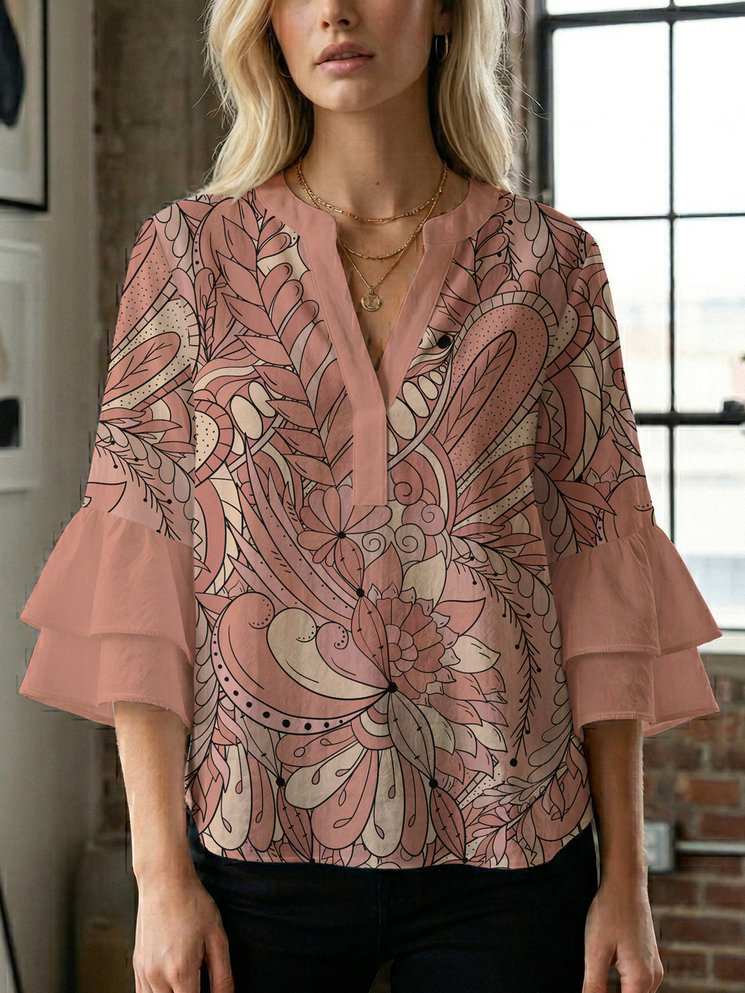 Damen elegantes Oberteil mit voluminösen Rüschensäumen und floralem Design Drune