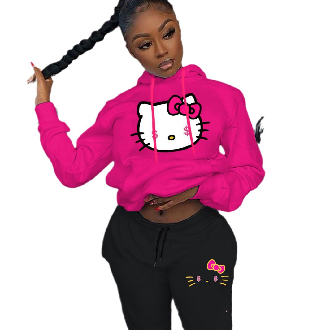 Damen Kapuzenpullover und Jogginghose Set mit kreativem Hello Kitty Motiv Drune