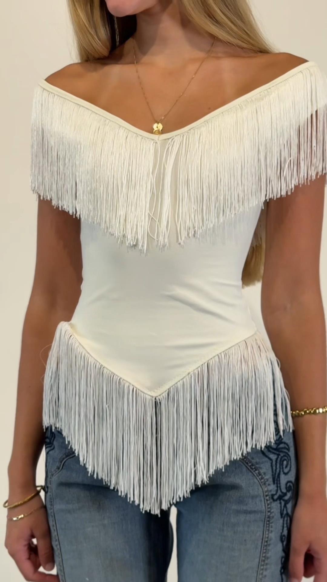 Damen Top mit fransigem Detail und Off-Shoulder-Design Drune