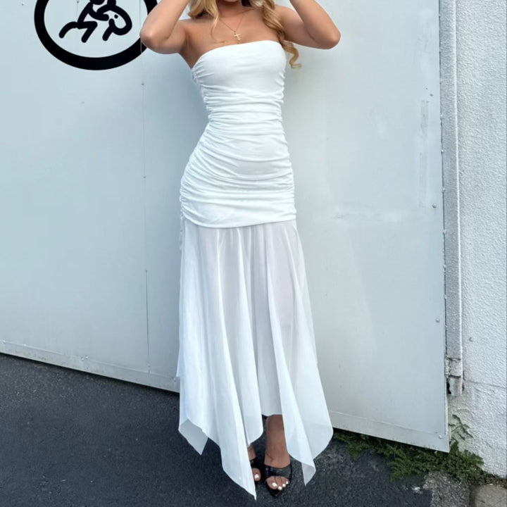 Damen Strapless Maxikleid mit eleganter Raffung und transparentem Rock Drune