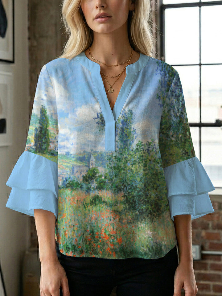 Damen lässige Bluse mit Volantärmeln und botanischem Druck Drune