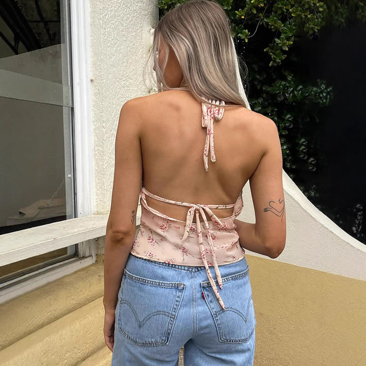 Damen Haltertop mit floralem Muster und Rüschendetails Drune