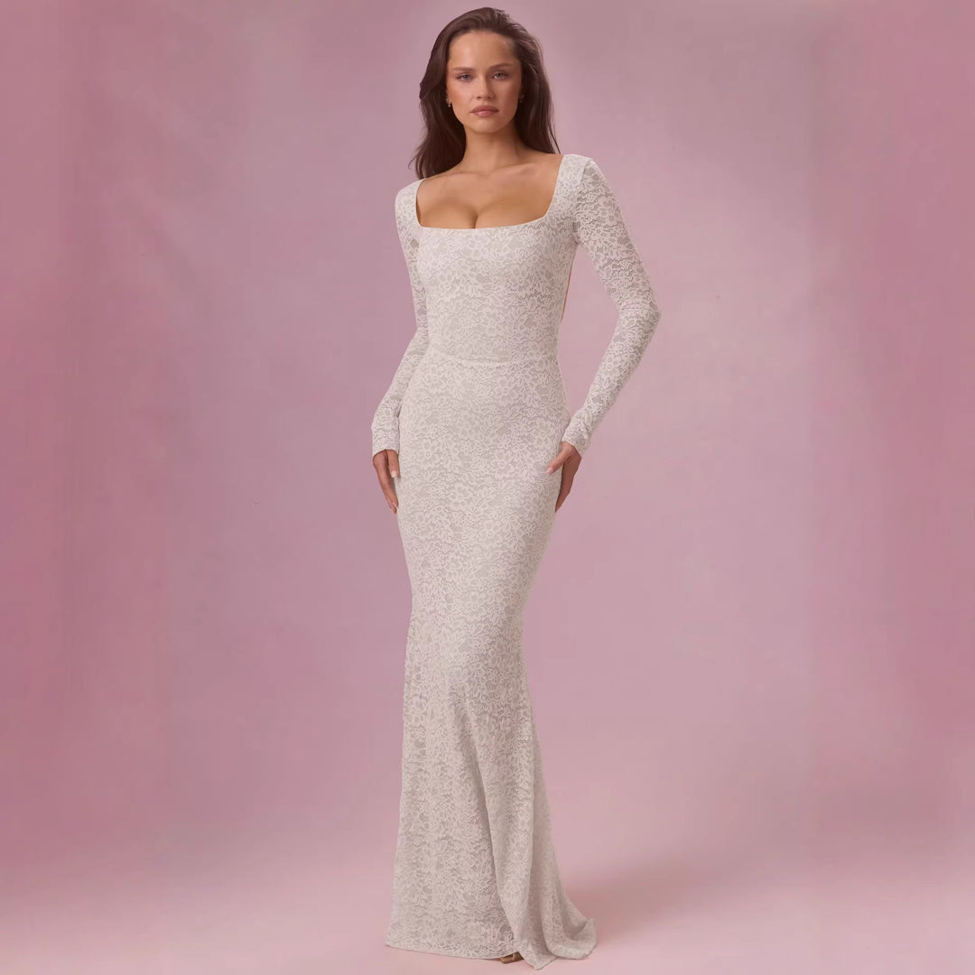 Damen Elegantes Spitzen-Maxikleid mit taillierter Silhouette und langem Arm Drune