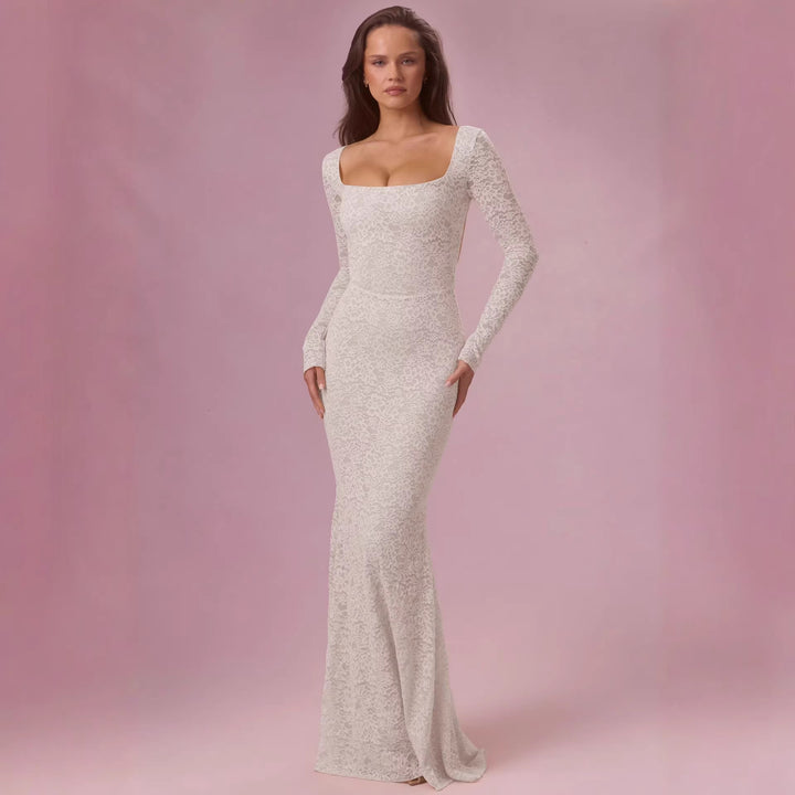Damen Elegantes Spitzen-Maxikleid mit taillierter Silhouette und langem Arm Drune