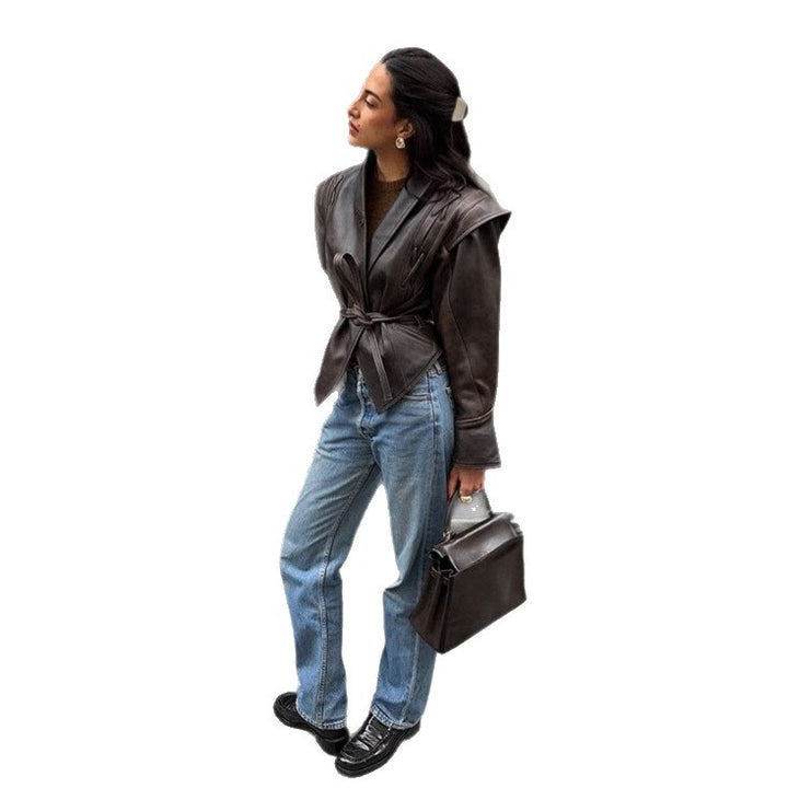 Damen Elegante Kunstlederjacke mit tailliertem Schnitt und breitem Kragen Drune