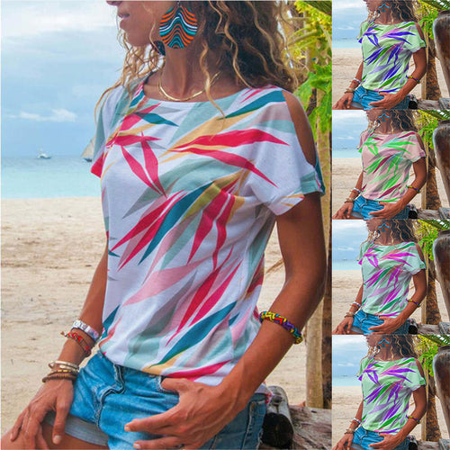Damen T-Shirt mit asymmetrischem Schnitt und buntem Blattmotiv Drune