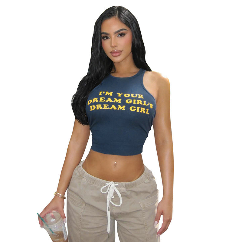 Damen Figurbetontes Crop-Top mit kreativem Schriftzug Drune