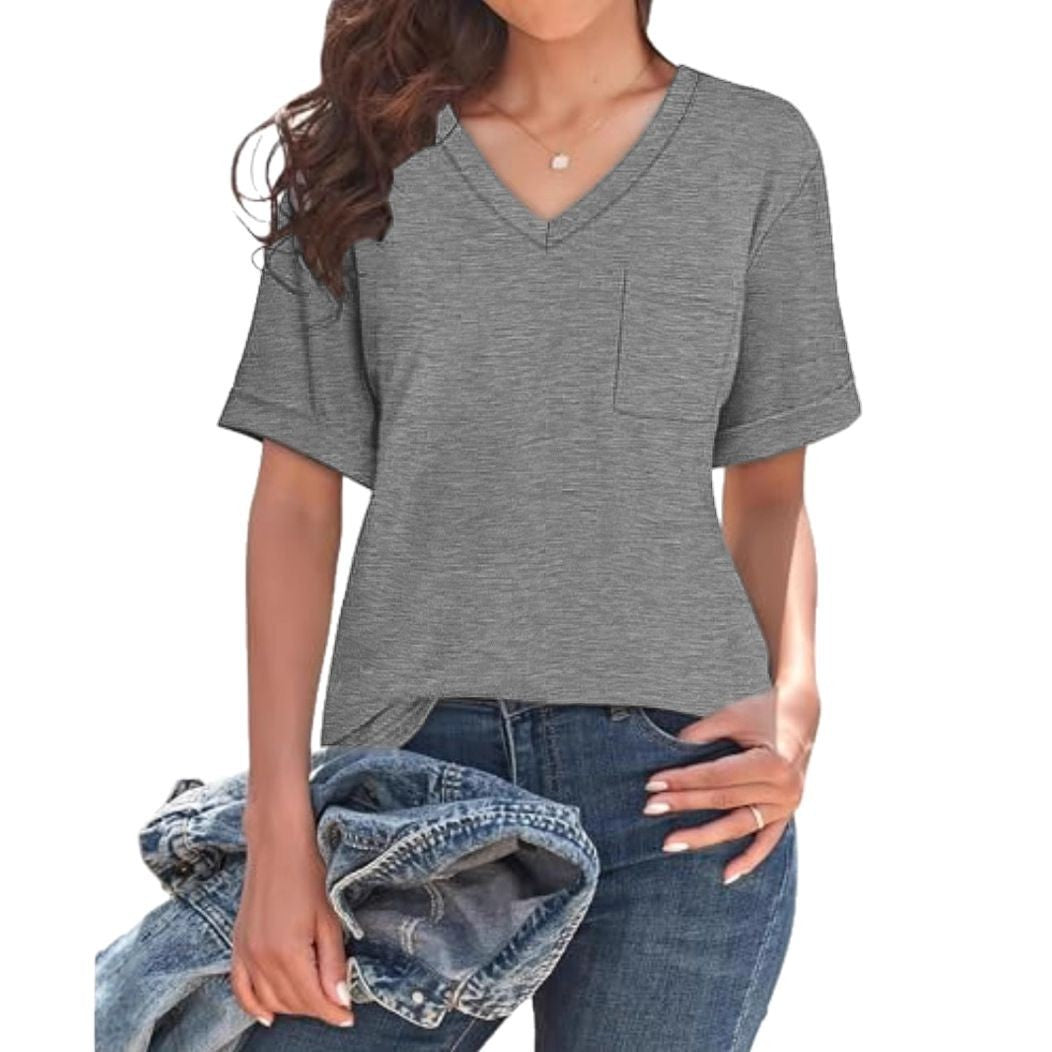 Damen V-Ausschnitt T-Shirt mit Taschen und lässiger Passform Drune