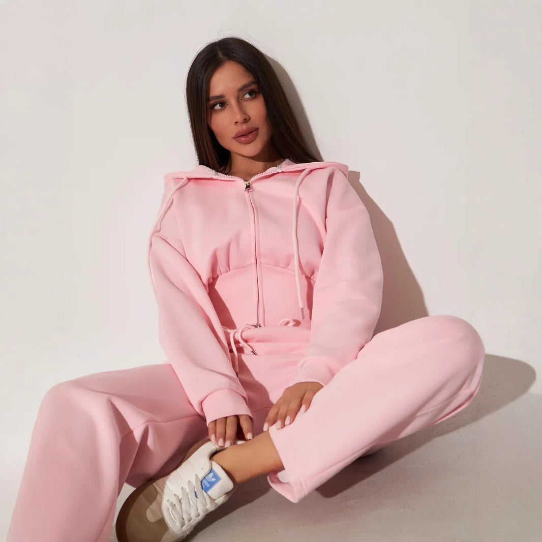 Damen trendiges Cropped Hoodie und weiter Hosen-Set Drune
