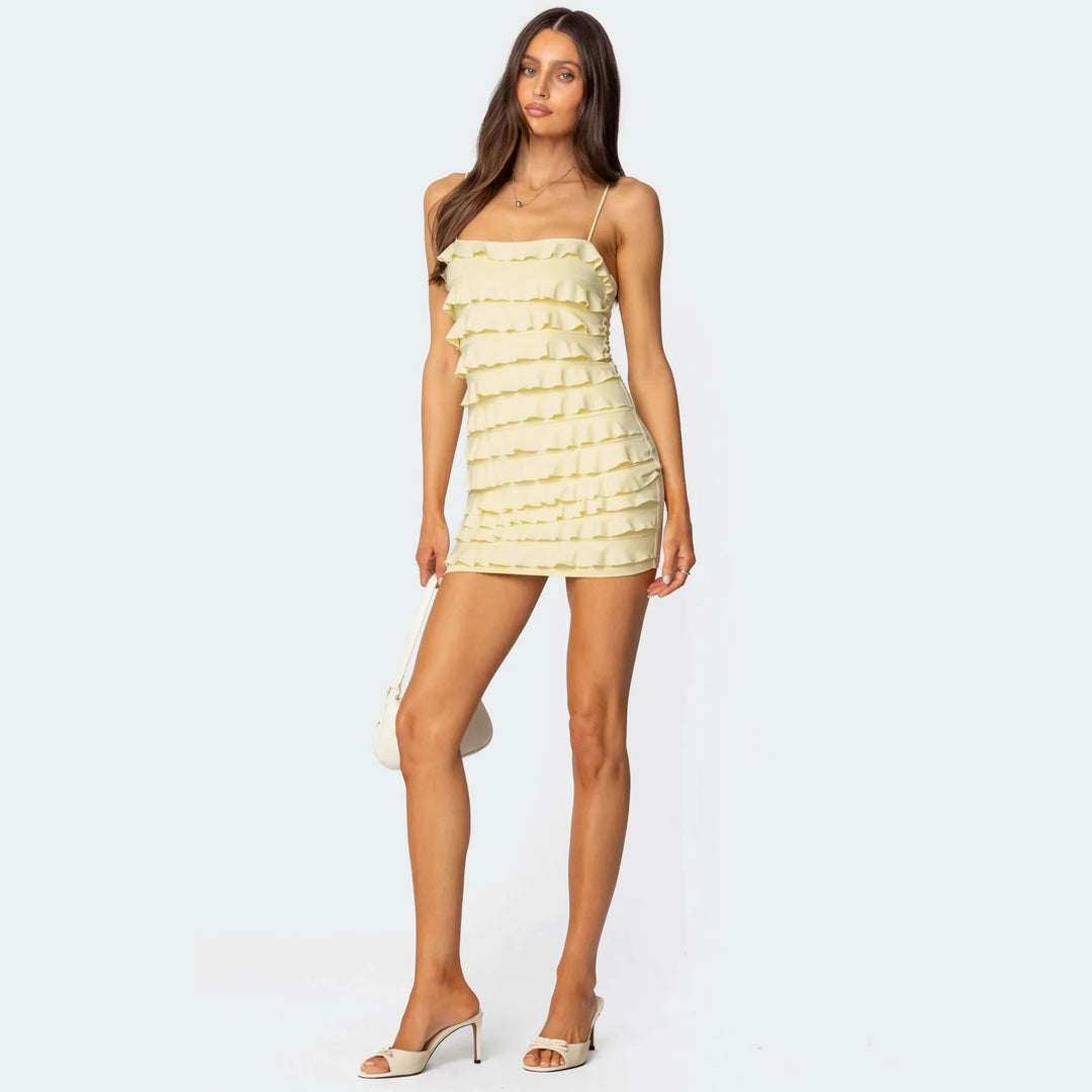 Damen Rüschendes Minikleid mit Spaghettiträgern und figurbetontem Schnitt Drune