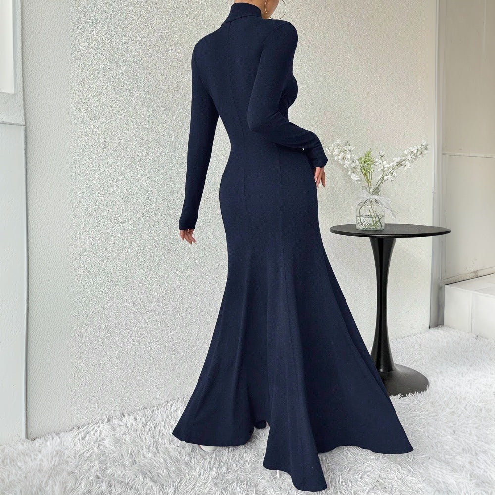 Damen elegantes Langarm-Maxi-Kleid mit hohem Kragen und schwingendem Saum Drune