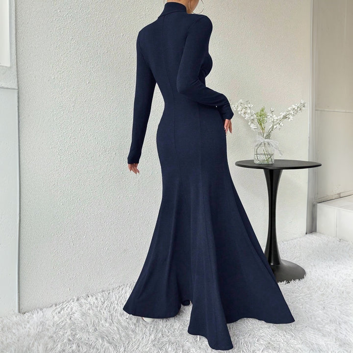 Damen elegantes Langarm-Maxi-Kleid mit hohem Kragen und schwingendem Saum Drune