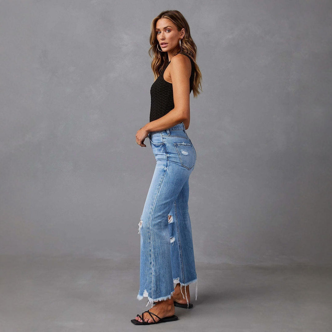 Damen nan hochgeschnittene ausgestellte Destroyed-Jeans mit Knieausfransungen und rohem Saum Drune