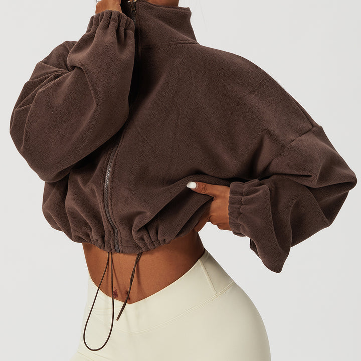 Damen kürzerer Fleece-Pullover mit hohem Kragen und Kordelzug Drune