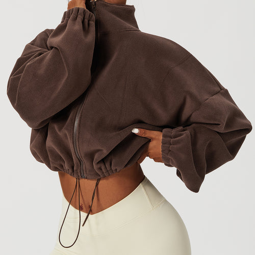 Damen kürzerer Fleece-Pullover mit hohem Kragen und Kordelzug Drune