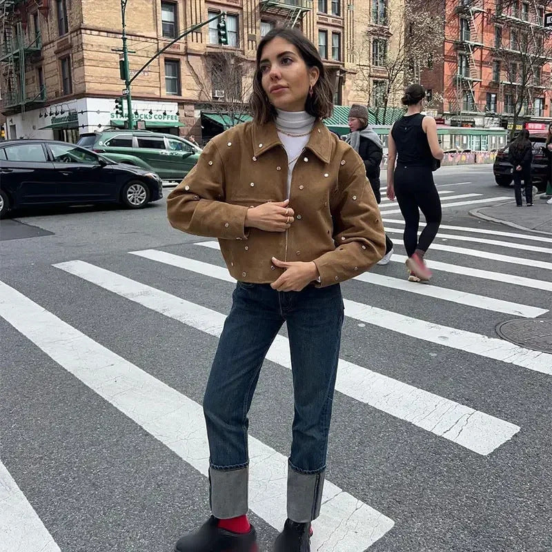 Damen modische Kurzjacke aus strukturiertem Material mit Perlenapplikationen Drune