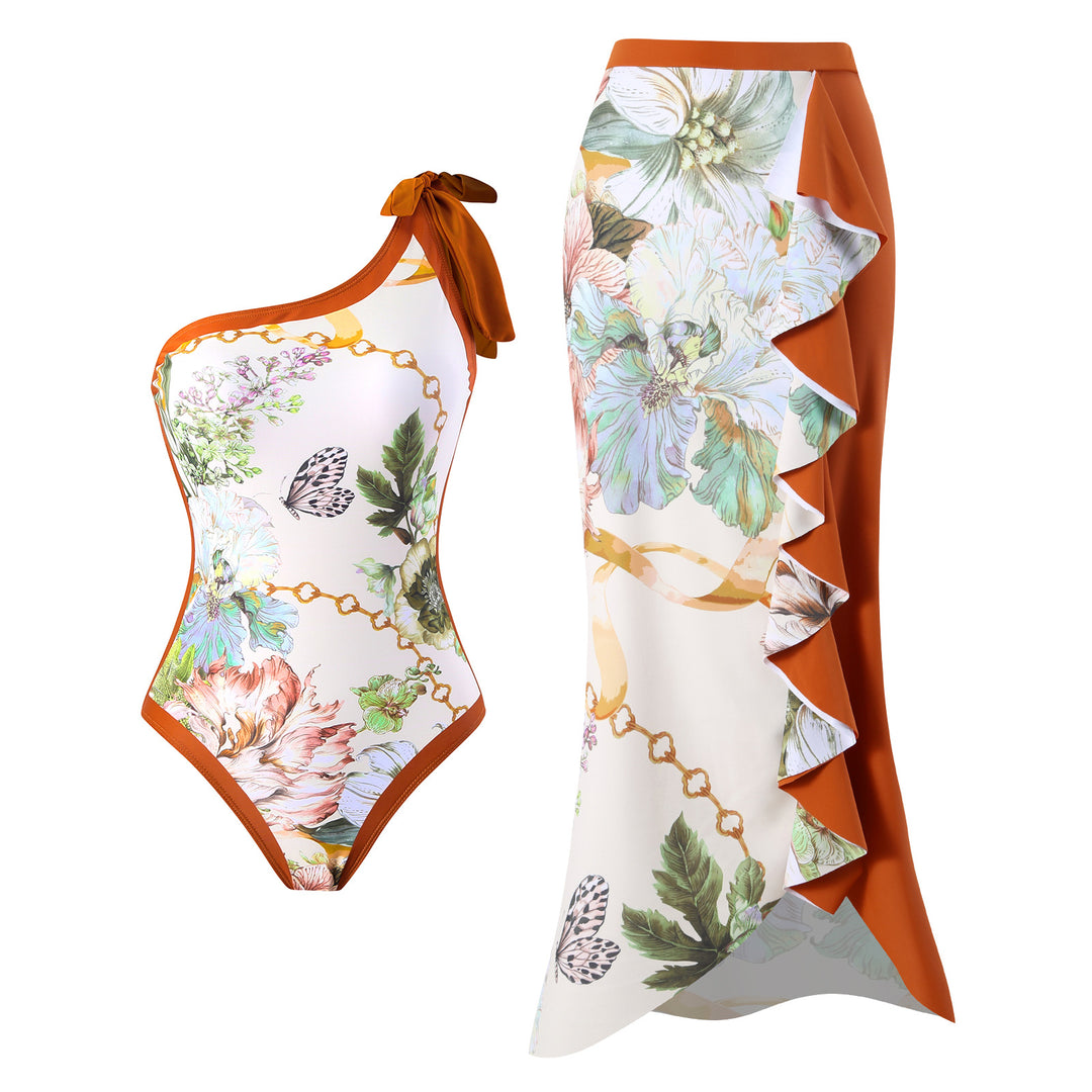 Damen Einteiler Badeanzug mit asymmetrischem Schnitt und elegantem Wickelrock Drune